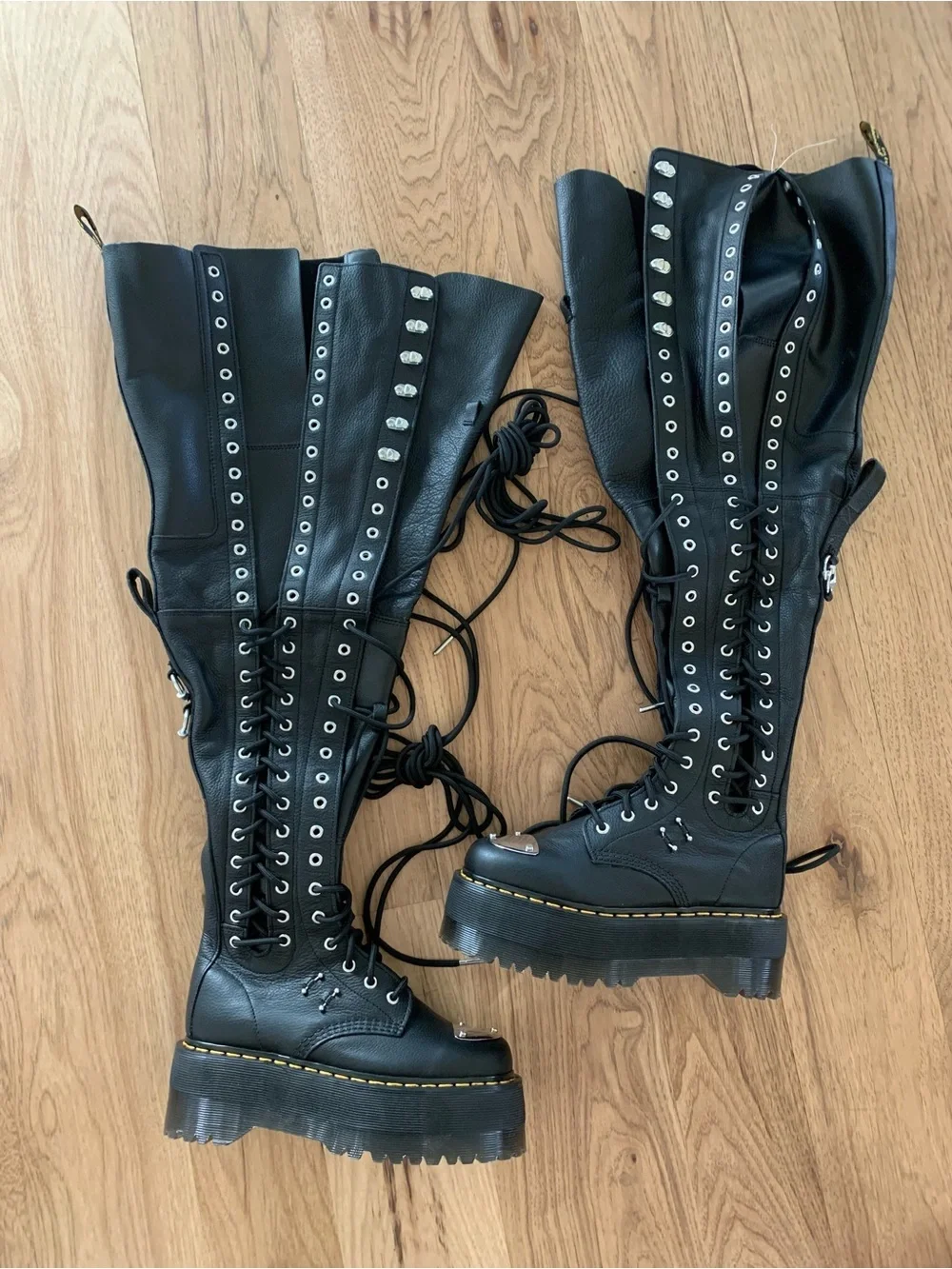 NEW Dr Martens Virginia Max Eyelet Lace Up Leather Black Thigh High Boots Size 6